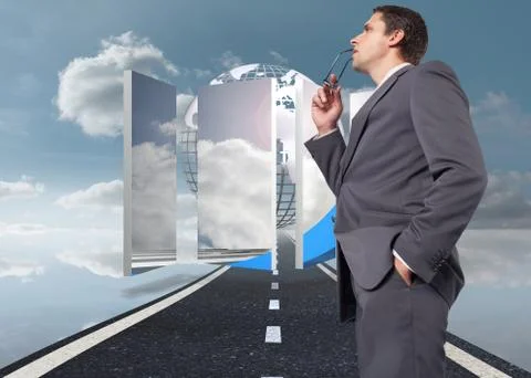 Composite image of thinking businessman holding his glasses イラスト素材