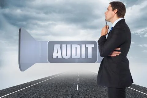 Composite image of thinking businessman holding pen Stock Illustration