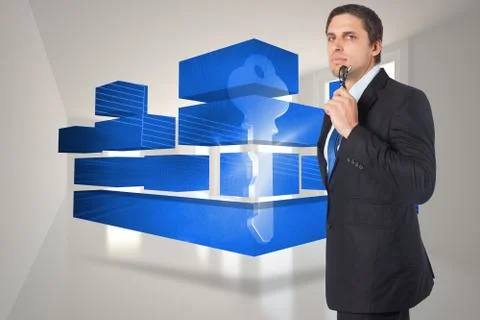 Composite image of thinking businessman holding glasses Illustrazione stock