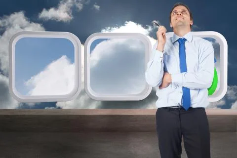 Composite image of thinking businessman holding pen Illustrazione stock