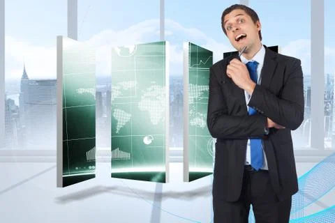 Composite image of thinking businessman holding pen 스톡 일러스트