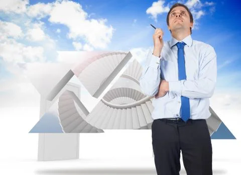 Composite image of thinking businessman holding pen 스톡 일러스트