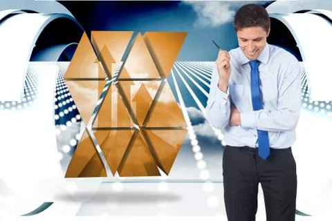 Composite image of thinking businessman holding pen 스톡 일러스트