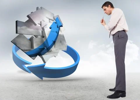 Composite image of thinking businessman holding pen Illustrazione stock
