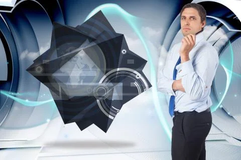 Composite image of thinking businessman holding pen Stock Illustration