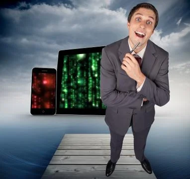 Composite image of thinking businessman holding pen Stock Illustration