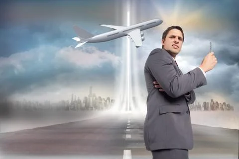 Composite image of thinking businessman holding pen イラスト素材