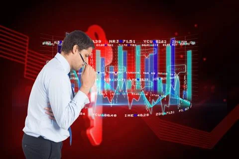 Composite image of thinking businessman holding pen 스톡 일러스트