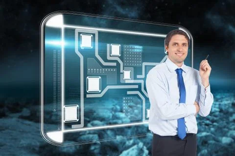 Composite image of thinking businessman holding pen 스톡 일러스트