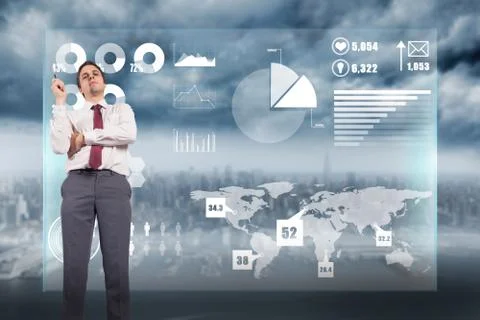 Composite image of thinking businessman holding pen 스톡 일러스트