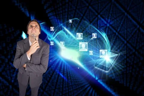 Composite image of thinking businessman holding pen Illustrazione stock
