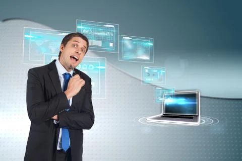 Composite image of thinking businessman holding pen 스톡 일러스트
