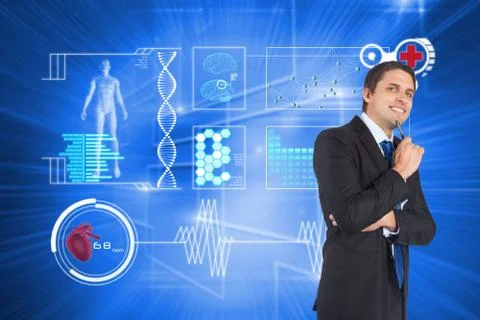 Composite image of thinking businessman holding pen 스톡 일러스트