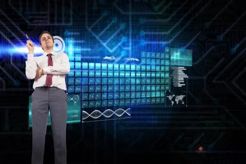 Composite image of thinking businessman holding pen 스톡 일러스트