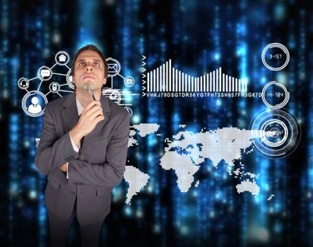 Composite image of thinking businessman holding pen Illustrazione stock