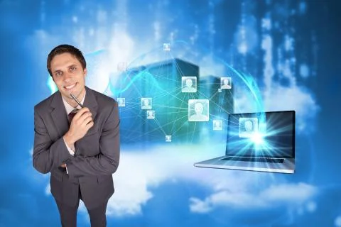 Composite image of thinking businessman holding pen Stock Illustration