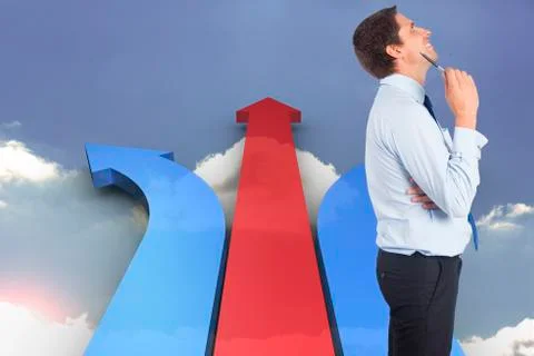 Composite image of thinking businessman holding pen イラスト素材