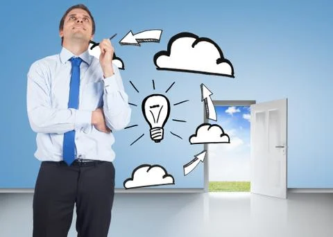 Composite image of thinking businessman holding pen Ilustración de archivo