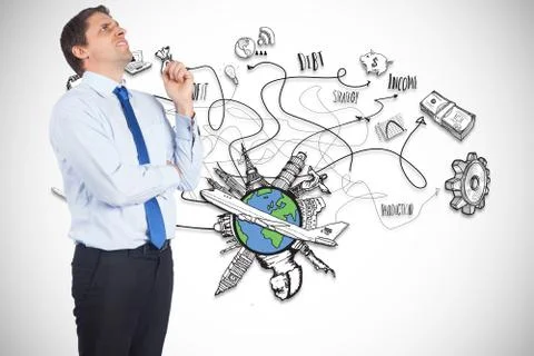 Composite image of thinking businessman holding pen 스톡 일러스트