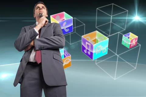 Composite image of thinking businessman holding his glasses Illustrazione stock