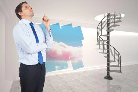 Composite image of thinking businessman holding pen Illustrazione stock