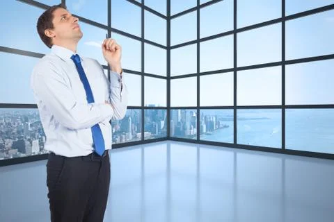 Composite image of thinking businessman holding pen Stock Illustration