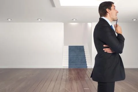 Composite image of thinking businessman holding pen 스톡 일러스트