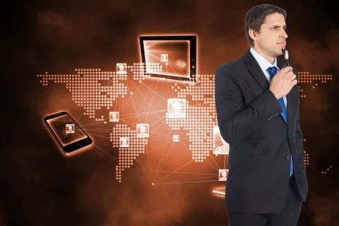 Composite image of thinking businessman holding glasses Illustrazione stock