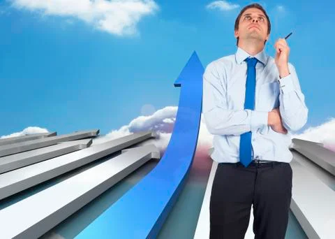 Composite image of thinking businessman holding pen Illustrazione stock