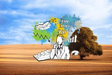 Composite image of thinking businessman on paint splashes Stock Illustration