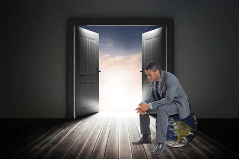 Composite image of thinking businessman sitting 스톡 일러스트