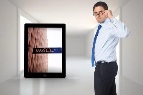 Composite image of thinking businessman tilting glasses 스톡 일러스트