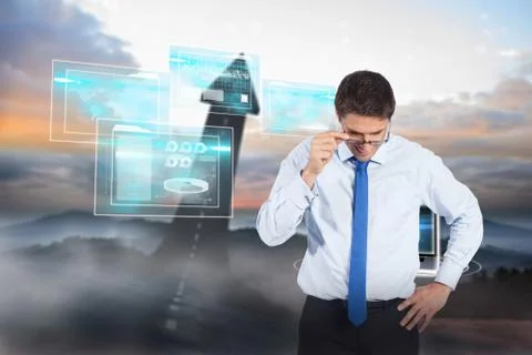 Composite image of thinking businessman tilting glasses Illustrazione stock