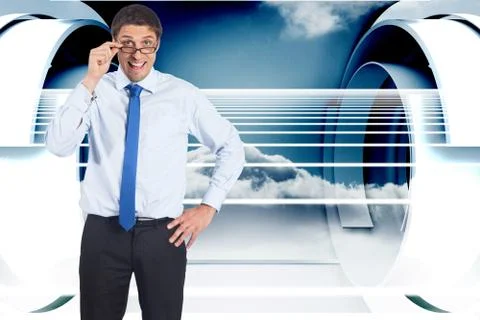 Composite image of thinking businessman tilting glasses Illustrazione stock