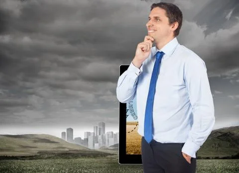 Composite image of thinking businessman touching his chin Illustrazione stock
