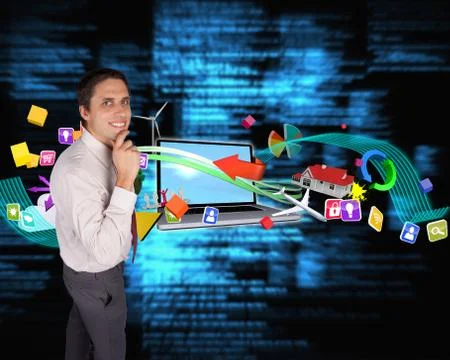 Composite image of thinking businessman touching chin Illustrazione stock