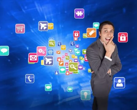 Composite image of thinking businessman touching his chin 스톡 일러스트