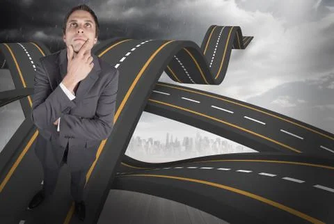 Composite image of thinking businessman touching his chin Illustrazione stock