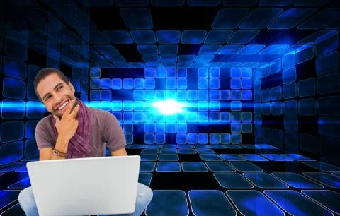 Composite image of thinking man sitting on floor using laptop and smiling Stock Illustration