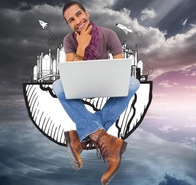 Composite image of thinking man sitting on floor using laptop and smiling Stockillustratie