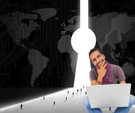 Composite image of thinking man sitting on floor using laptop and smiling 스톡 일러스트