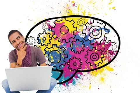 Composite image of thinking man sitting on floor using laptop and smiling Stock Illustration