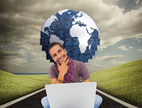 Composite image of thinking man sitting on floor using laptop and smiling Stock Illustration