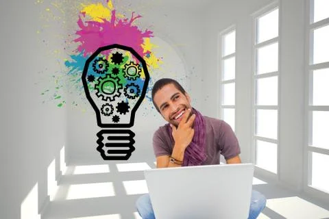 Composite image of thinking man sitting on floor using laptop and smiling Stock Illustration