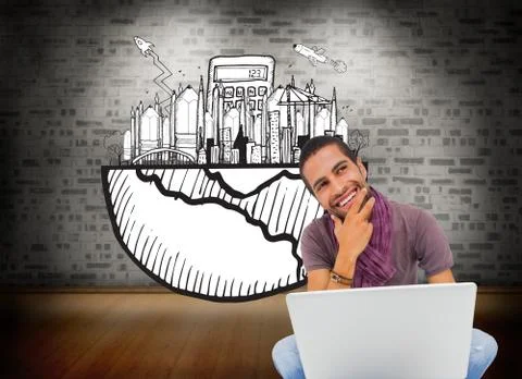 Composite image of thinking man sitting on floor using laptop and smiling Stock Illustration