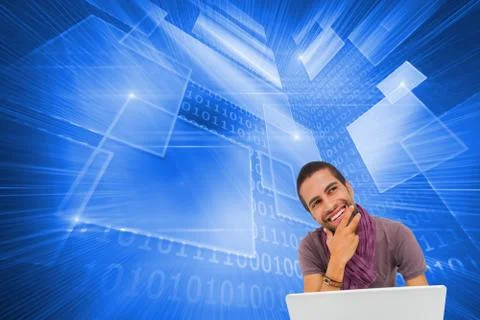 Composite image of thinking man sitting on floor using laptop and smiling Stock Illustration