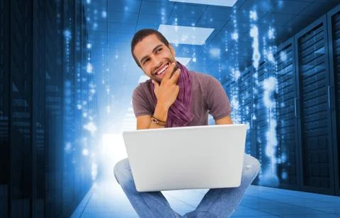 Composite image of thinking man sitting on floor using laptop and smiling Stock Illustration