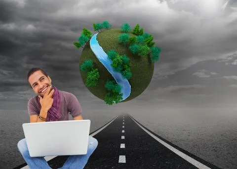 Composite image of thinking man sitting on floor using laptop and smiling Stock Illustration