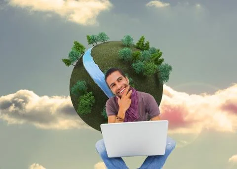 Composite image of thinking man sitting on floor using laptop and smiling 스톡 일러스트