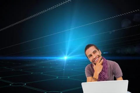 Composite image of thinking man sitting on floor using laptop and smiling Stock Illustration